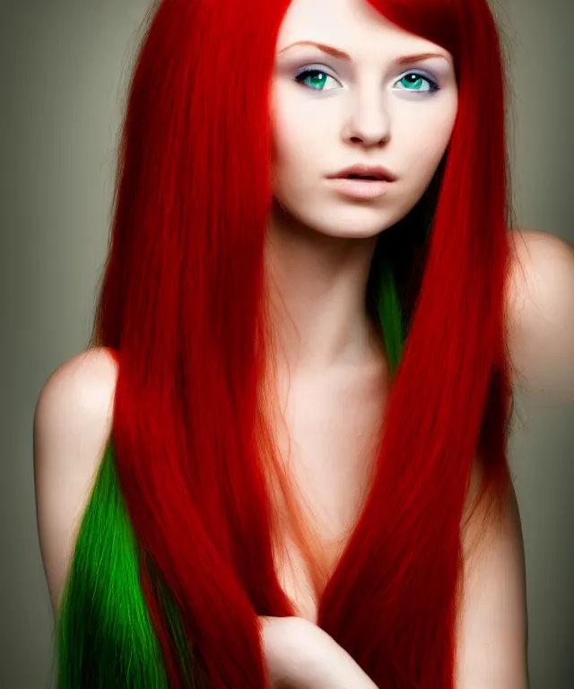 Image similar to Beautiful young woman, Fae, portrait, long red hair, green highlights