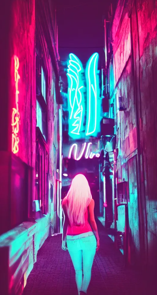 Image similar to women, neon lights, city, glow, sunset, atmospheric, cinematic, retrowave style,