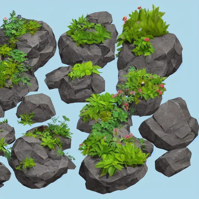 Prompt: a bunch of rocks with plants growing out of them, concept art by senior environment artist, polycount, plein air, 2 d game art, low poly