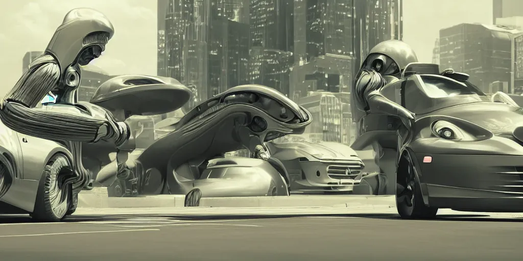 Image similar to low - angle medium shot of a space alien from the future on the first day of driver's ed learns to parallel park. 8 k, 4 k, hq, 3 d render, digital art, dramatic lighting, comedy, science fiction, hyper realistic, ultra detailed. style of fifth element ( film )