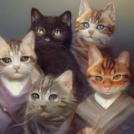 Image similar to a group of cute cats look into the camera, stacked image, intricate, highly detailed, digital painting, artstation, concept art, smooth, sharp focus, illustration, art by artgerm and greg rutkowski and alphonse mucha