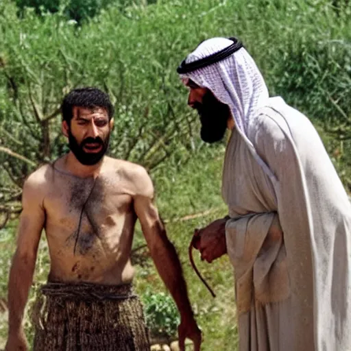 Image similar to cinematic still of angered middle eastern skinned man in ancient Canaanite farmer clothing stabbing a middle eastern skinned shepherd in ancient Canaanite shepherd clothing, garden background, directed by Christopher Nolan