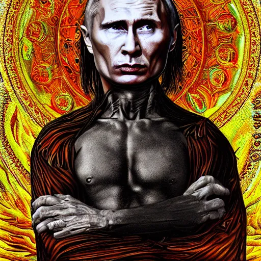 Image similar to stupid idiot degraded retard vlad putin photo - realistic, color image, hyper realistic, 2 k, highly detailed, occult art, by giger, fractal structure