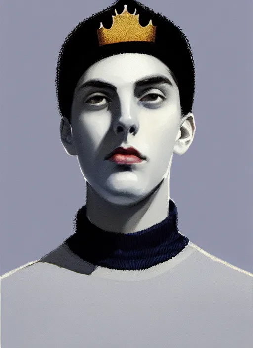 Image similar to portrait of teenage jughead jones wearing a light grey crown, crown, blue turtleneck, 1 9 5 0 s, closed eyes, photorealistic, black hair, glowing lighting, intricate, elegant, glowing lights, highly detailed, digital painting, artstation, concept art, smooth, sharp focus, illustration, art by wlop, mars ravelo and greg rutkowski