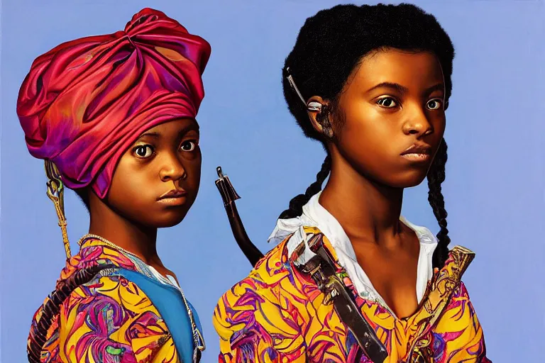 Image similar to a girl pirate with iridescent skin by kehinde wiley