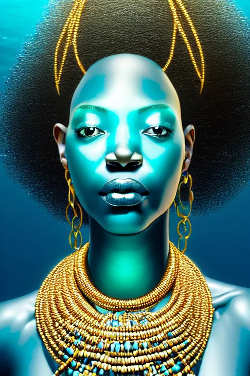 Prompt: hyperrealistic futurist full body very expressive! translucent african goddess, cinematic underwater scene, gold jewerly, highly detailed face, digital art masterpiece, smooth eric zener cam de leon, dramatic pearlescent turquoise light on one side, low angle uhd 8 k, shallow depth of field
