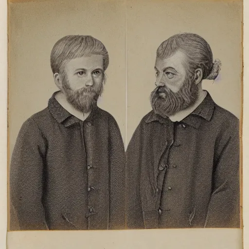 Prompt: portrait, face, symmetrical, left half old bearded man, right half young boy