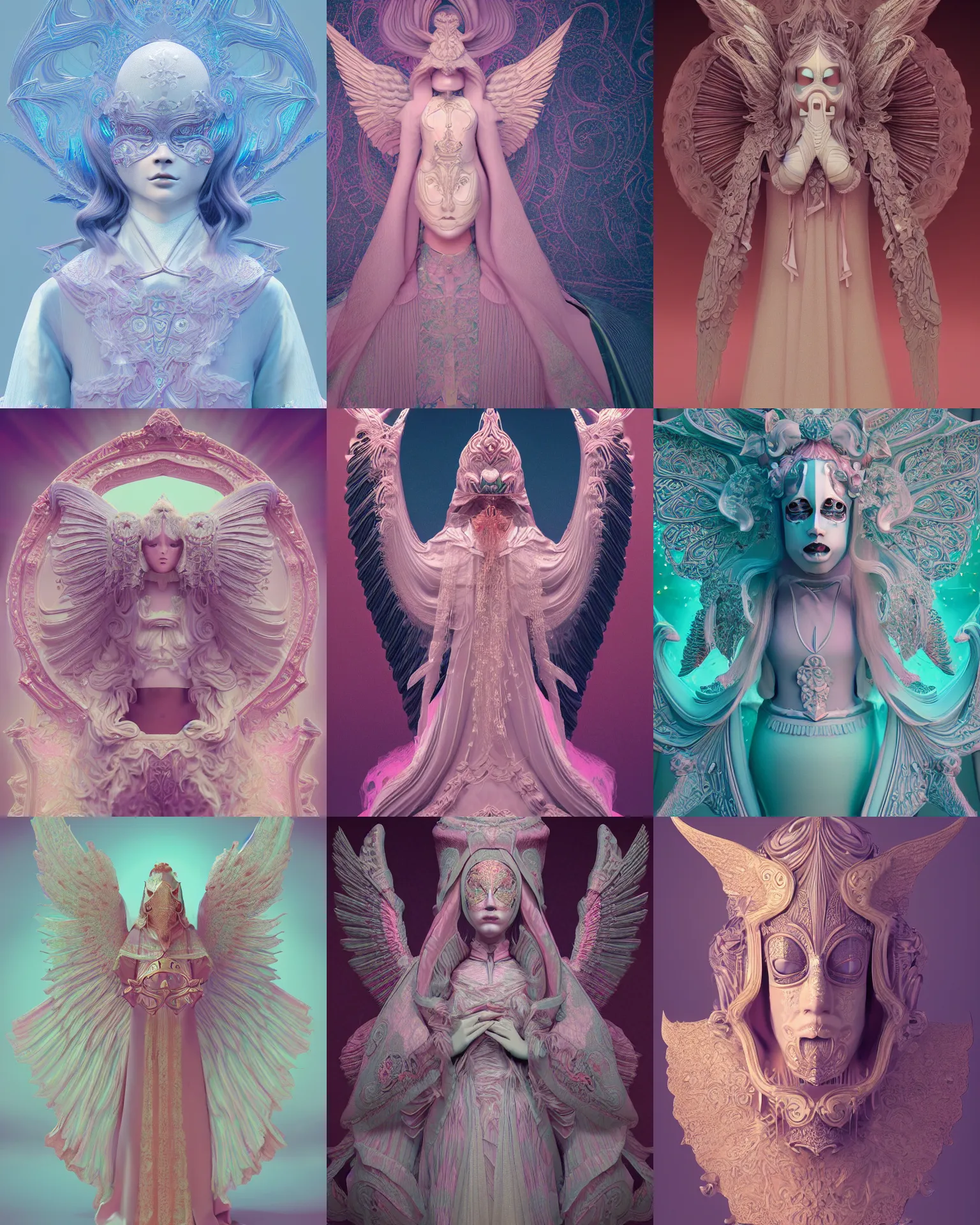 Prompt: Masked anaglyphic ornate Angel in Edwardian robes, pastelwave, celestial aesthetic, 3d render digital illustration, rendered in Arnold, octane, Hyperdetailed, stylized