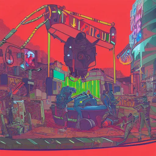 Prompt: a painting of a cyberpunk circus, illustration, painted by josan gonzalez