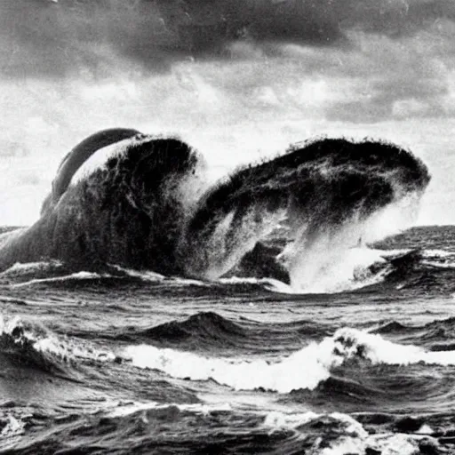 Image similar to giant anomalous creature in the middle of a violent stormy ocean, 1900s photograph