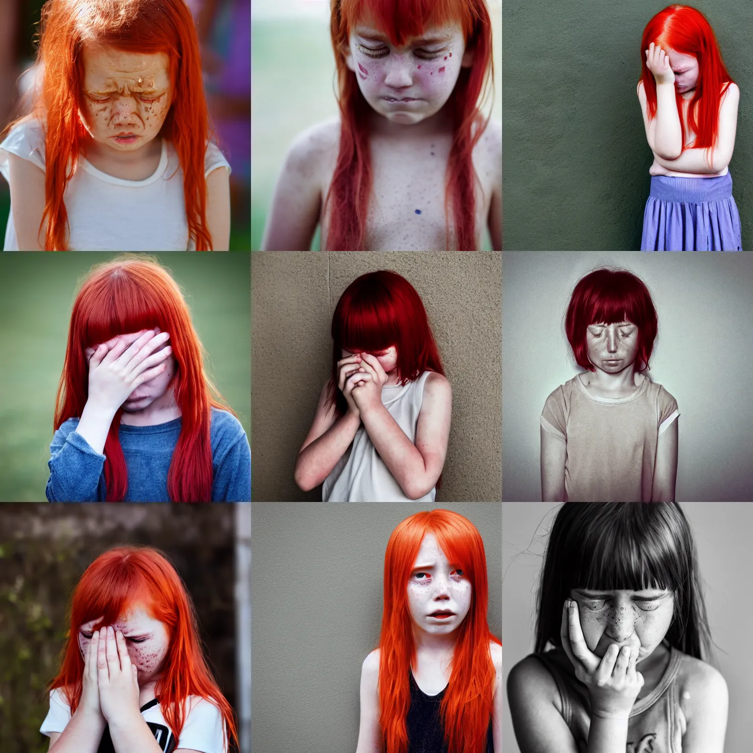 Prompt: a photograph of a crying ten year old girl standing alone, red hair, freckles, sad