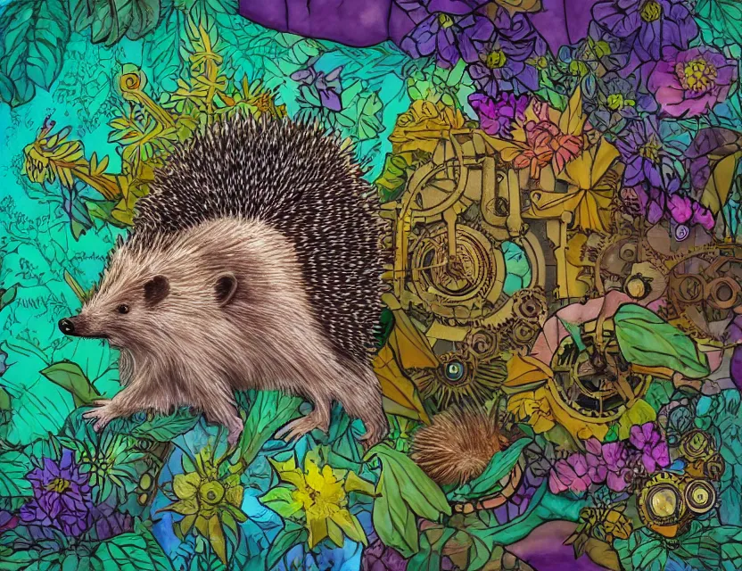 Prompt: anthromorphic hedgehog in steampunk vaporwave courtyard garden. complementary colors, gouache, indie concept art, bloom, chiaroscuro, backlighting, intricate details.