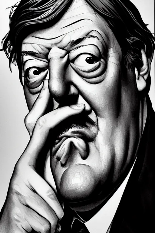 Image similar to stephen fry winking his left eye at the camera, in the style of art by artgerm and greg rutkowski and alphonse mucha