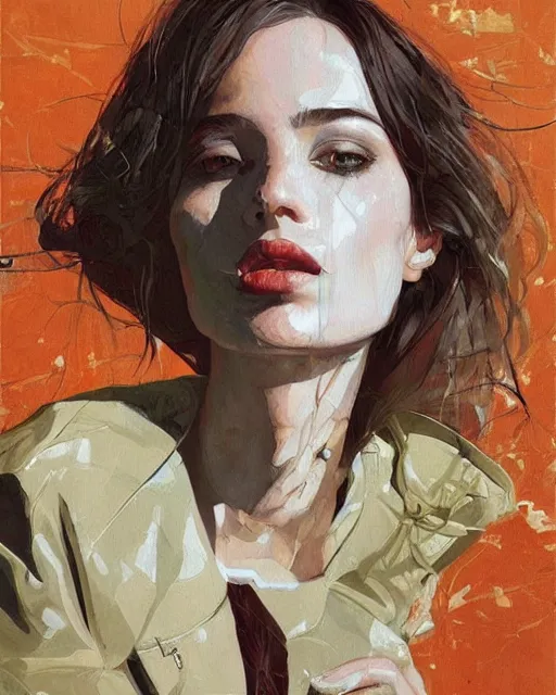 Image similar to a ultradetailed beautiful panting of a stylish woman sitting on the floor in a tiled room, she is wearing an oversized jacket, night time, highly detailed face, oil painting, by conrad roset