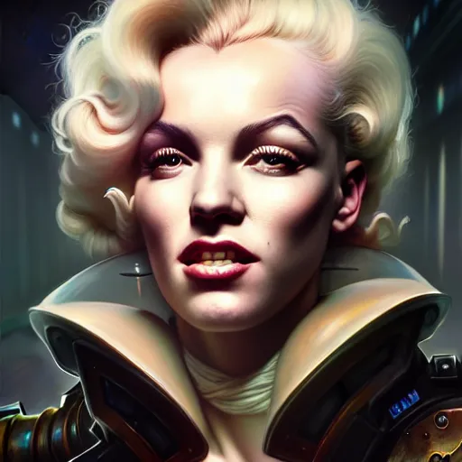 Image similar to portrait painting of a cyberpunk dwarven decker who looks like marilyn monroe, ultra realistic, concept art, intricate details, eerie, highly detailed, photorealistic, octane render, 8 k, unreal engine. art by artgerm and greg rutkowski and charlie bowater and magali villeneuve and alphonse mucha