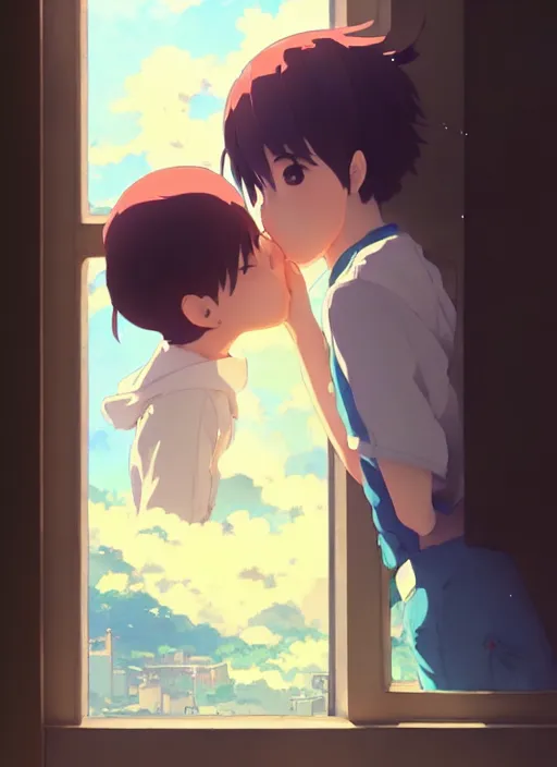 Prompt: boy kissing girl from a window. illustration concept art anime key visual trending pixiv fanbox by wlop and greg rutkowski and makoto shinkai and studio ghibli