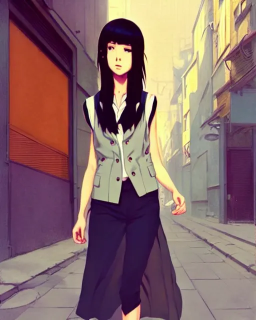 Image similar to cute girl in vest, walking in an alley. | very very anime!!!, fine - face, audrey plaza, realistic shaded perfect face, fine details. anime. realistic shaded lighting poster by ilya kuvshinov katsuhiro otomo ghost, magali villeneuve, artgerm, jeremy lipkin and michael garmash and rob rey