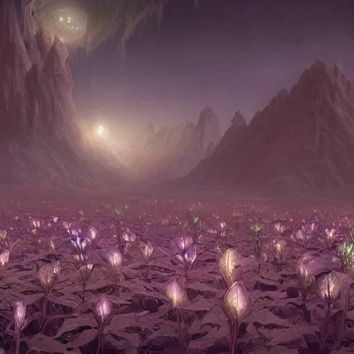 Prompt: datura stramonium planet eerie but beautiful landscape with lifeforms created from datura hallucinations hyper detailed, ultra realistic, cinematic lighting, cinematic photography, photography in style of mucha, 8 k, high quality image,