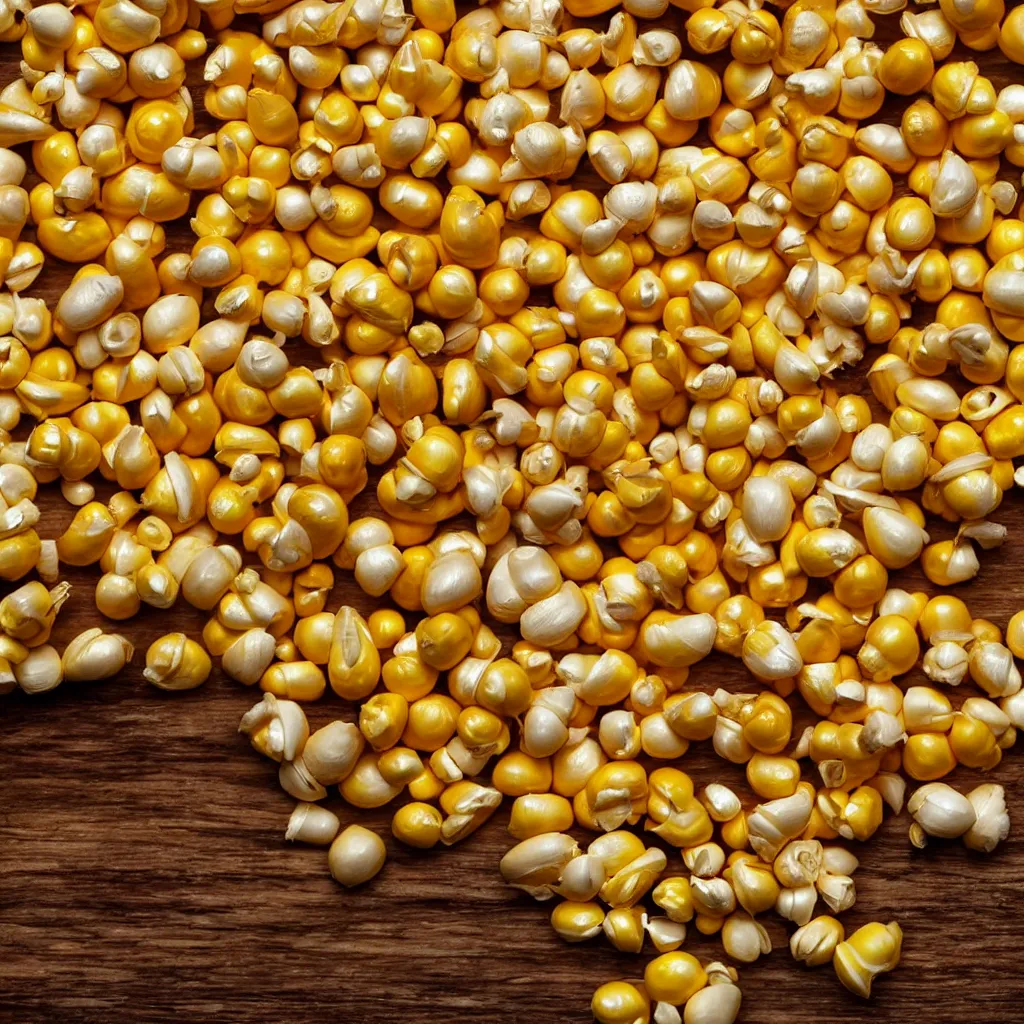 Image similar to close - up view of corn kernels on top of a wooden table, 8 k, high detail, photorealistic, proper shading