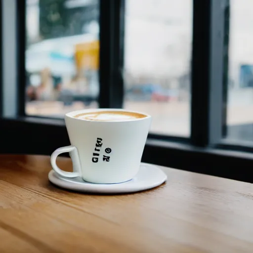 Image similar to a cup of latte in a toilet - shaped mug, fresh bakeries in the background, in a bright cafe, 3 5 mm, f 1. 8