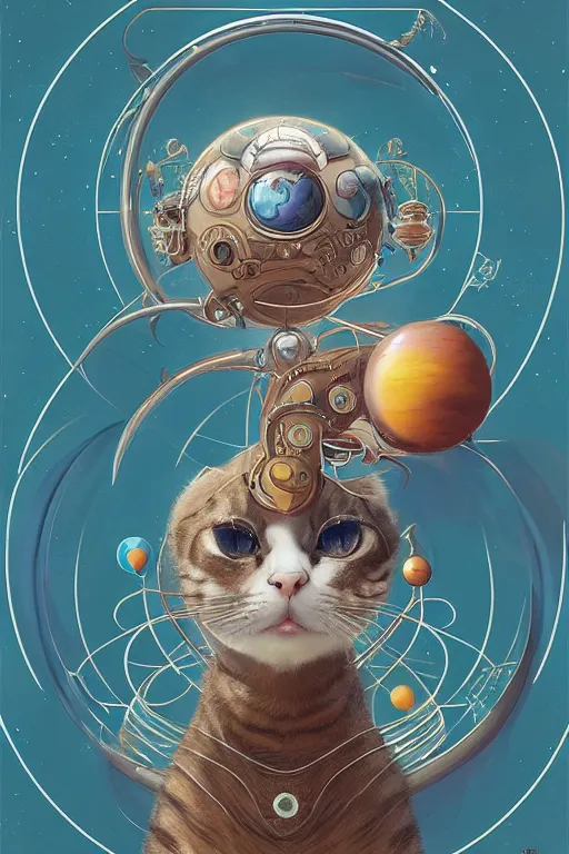 Prompt: A cat with planets circulating around it, art deco design, by Mandy Jurgens and Warhol, Ernst Haeckel, James Jean, artstation, concept art