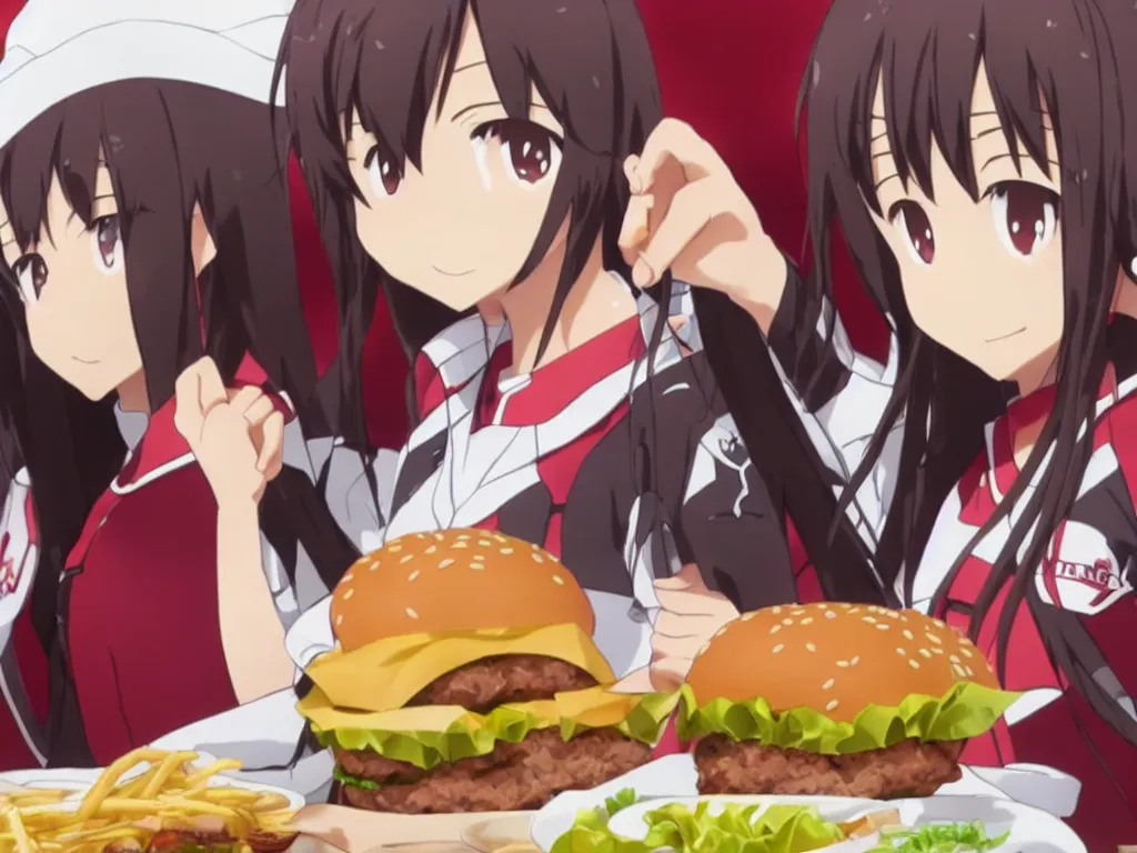 Image similar to yuuki konno from sword art online eating a big burger and being happy, High Definition detail, 8K, anime