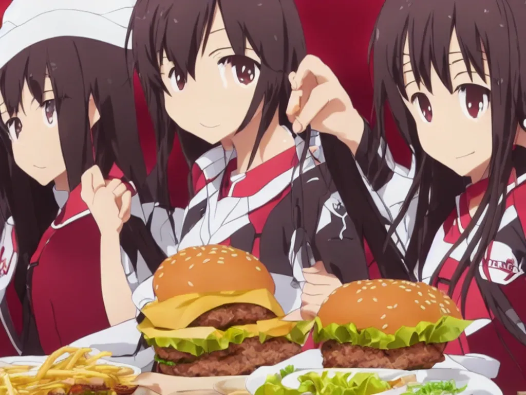 yuuki konno from sword art online eating a big burger, Stable Diffusion