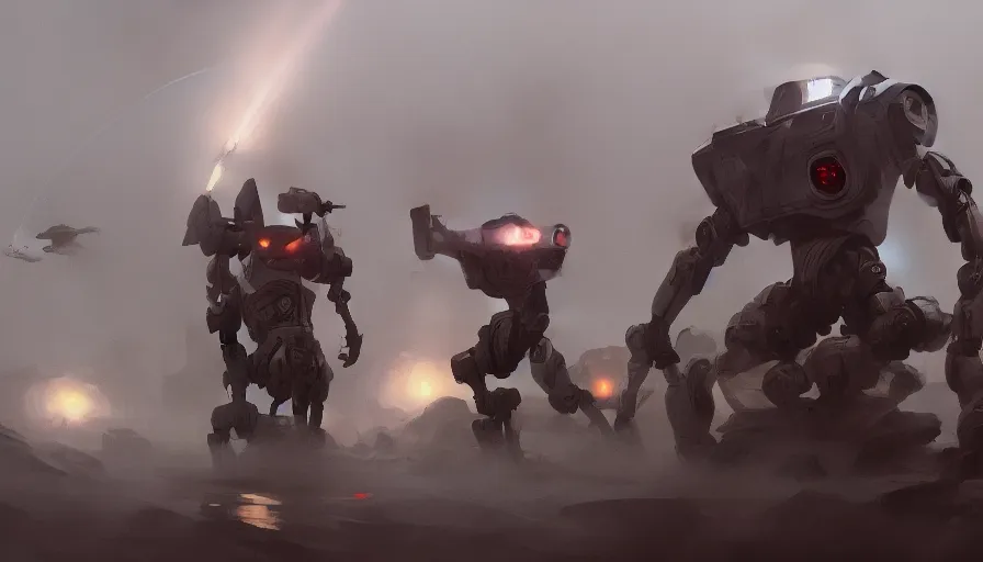 Image similar to robots with laser guns, very long shot, enviroment, cinematic shot, extremely detailed, jama jurabaev, greg rutkowski, greig fraser, roger deakins, shaddy safadi, feng shu, neil blevins, trending on artstation, high quality, brush stroke