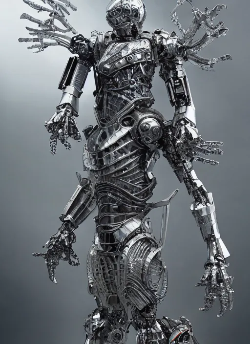 Image similar to portrait of a futuristic silver armored knight district 9 cyborg with inside it an xeonmorph alien, modern fine art, fractal, intricate, elegant, highly detailed, digital photography, subsurface scattering, by jheronimus bosch and greg rutkowski,