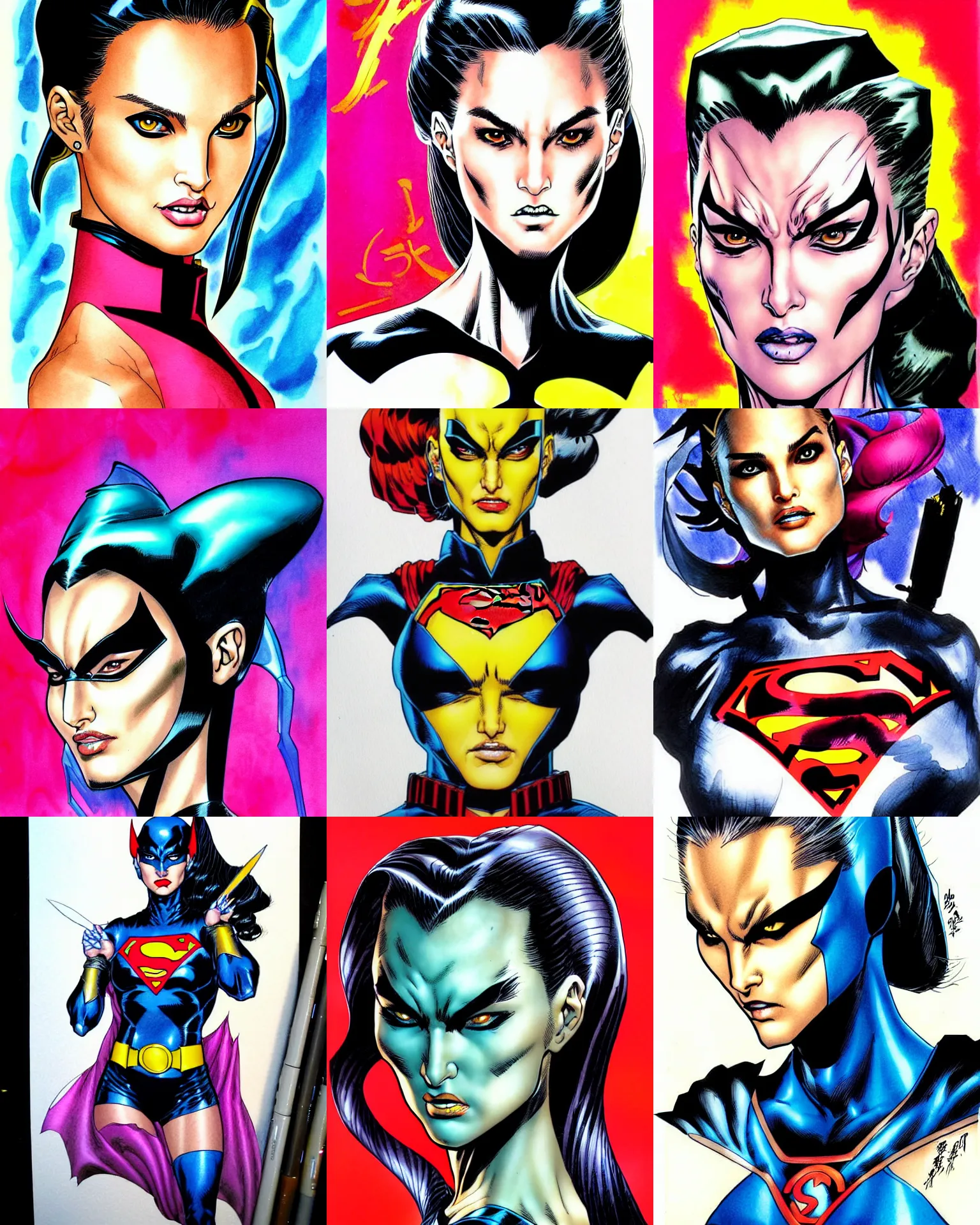 Prompt: jim lee!!! ink colorised airbrushed gouache sketch by jim lee close up headshot of chinese natalie portman as supervillain in the style of jim lee, x - men superhero comic book character by jim lee