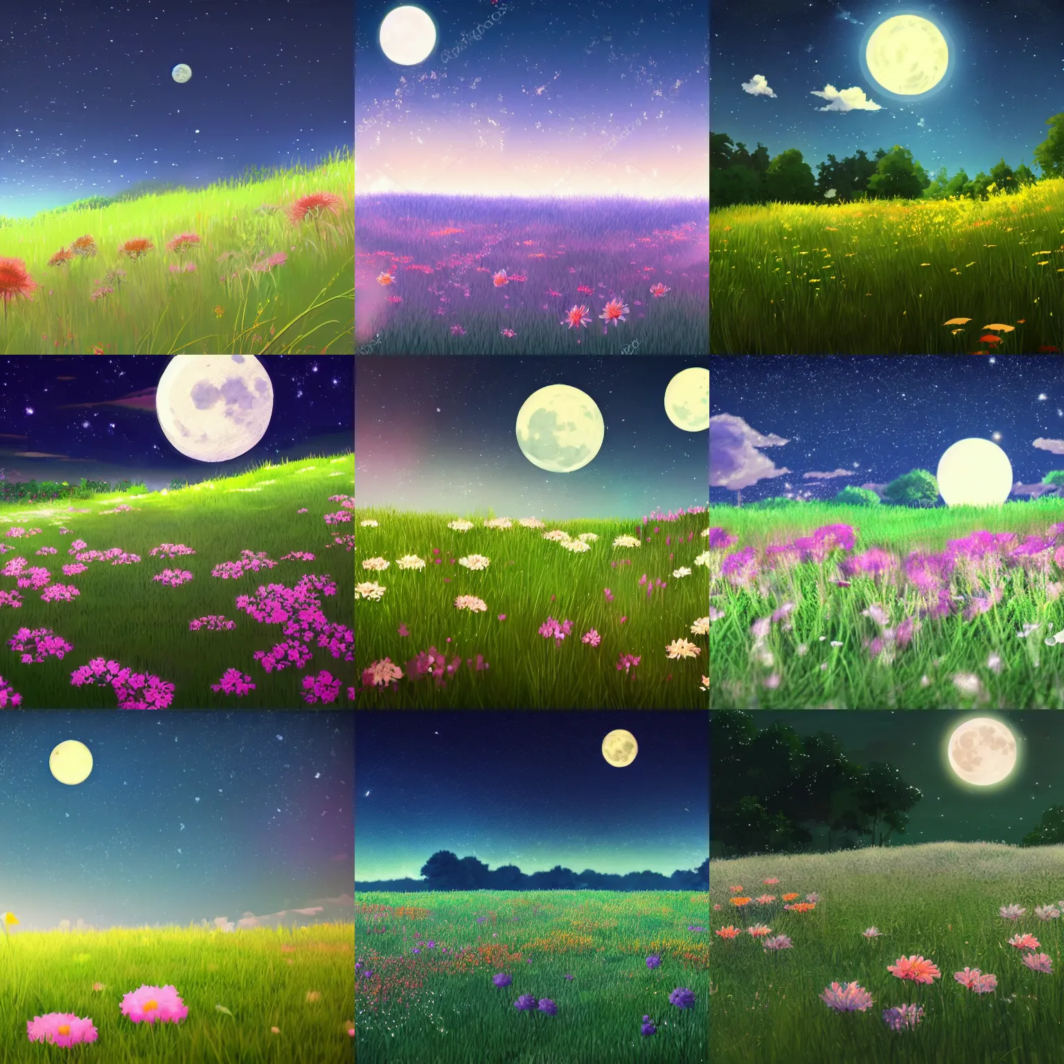 Prompt: an open grass field with flowers, under a night sky, full moon, in the style of makoto shinkai