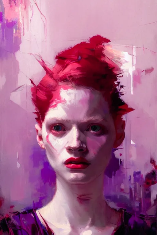 Image similar to portrait of a beautiful albino girl, shades of red and purple, beautiful face, rule of thirds, intricate outfit, spotlight, by greg rutkowski, by jeremy mann, by francoise nielly, by van gogh, digital painting