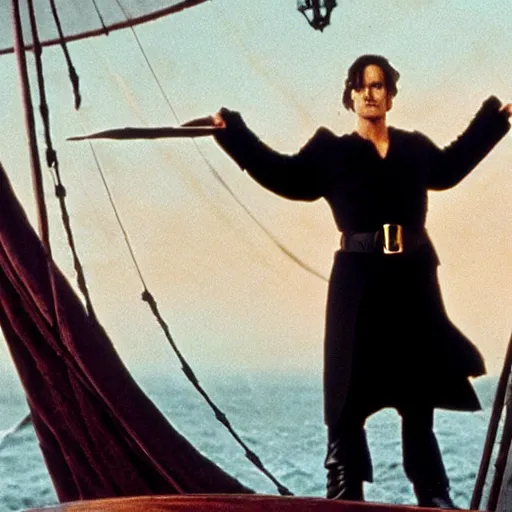 Prompt: The Dread Pirate Roberts as Rose in Titanic, cinematic, 55m lens