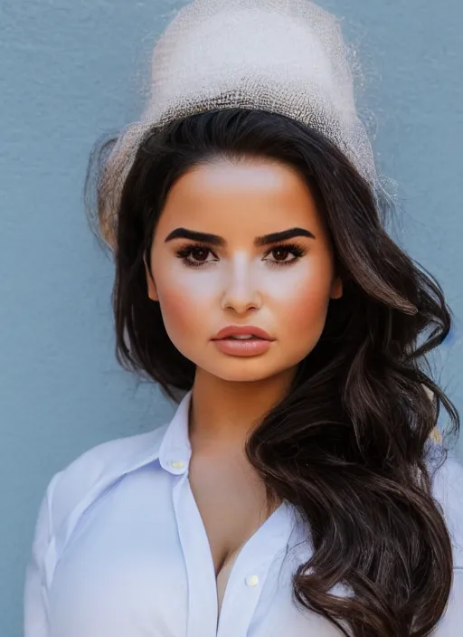 Image similar to portrait of demi rose wearing white shirt and light blue skirt standing in front of a school, by charlotte grimm, natural light, detailed face, beautiful features, symmetrical, canon eos c 3 0 0, ƒ 1. 8, 3 5 mm, 8 k, medium - format print,