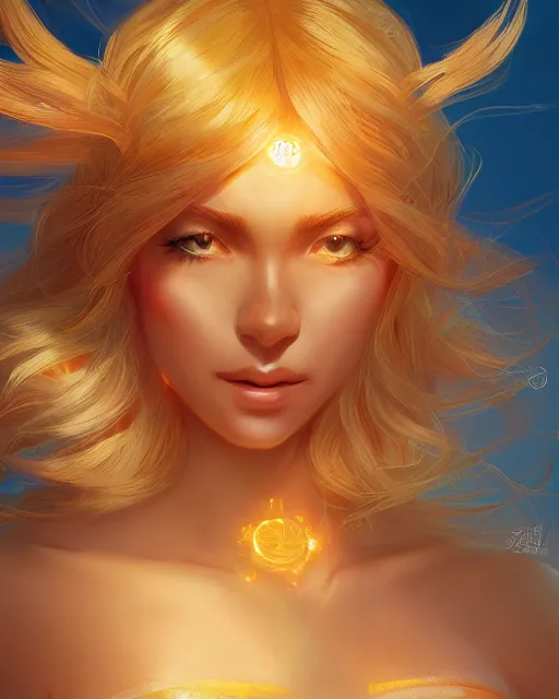 Image similar to a beautiful sun goddess, flowy yellow golden hair, sun, summer, cinematic lighting, highly detailed, digital painting, trending on artstation, pixiv, concept art, sharp focus, illustration, art by ross tran and wlop