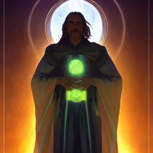 Prompt: bioluminescence portrait of a male wizard of the sun, D&D, fantasy, elegant, pale, highly dvetailed, digital painting, artstation, concept art, smooth, sharp focus, illustration, art by artgerm and greg rutkowski and alphonse mucha