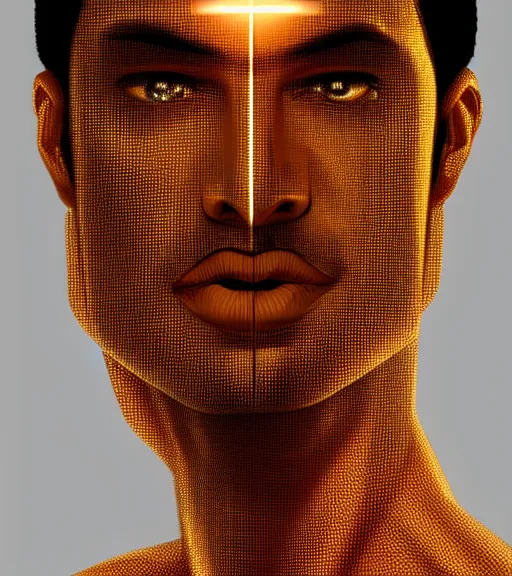 Image similar to symmetry!! egyptian prince of technology, solid cube of light, hard edges, product render retro - futuristic poster scifi, lasers and neon circuits, brown skin man egyptian prince, intricate, elegant, highly detailed, digital painting, artstation, concept art, smooth, sharp focus, illustration, dreamlike, art by artgerm