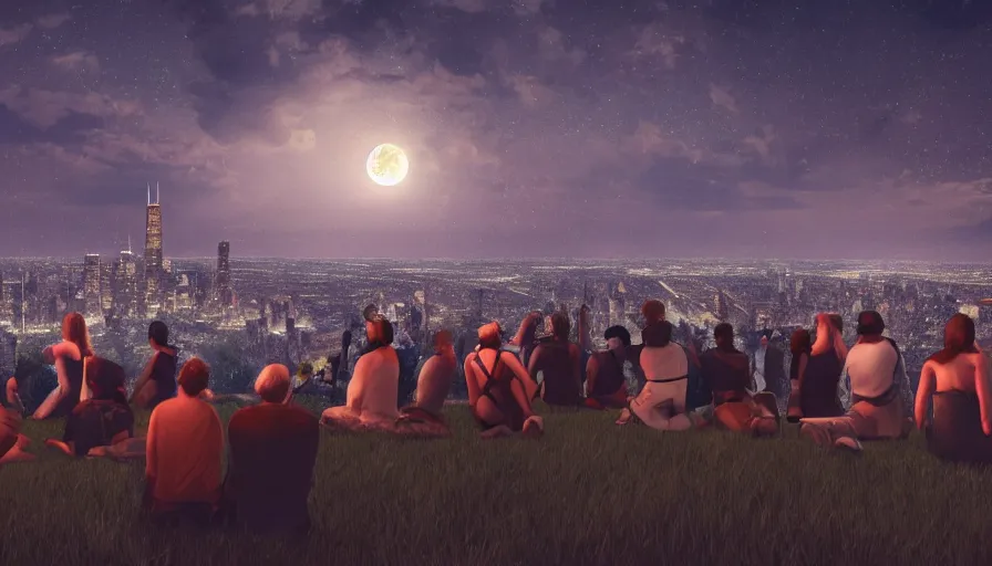 Image similar to people sitting on a hill watching chicago at night. the sky had stars and a full moon. hyperdetailed, artstation, cgsociety, 8 k