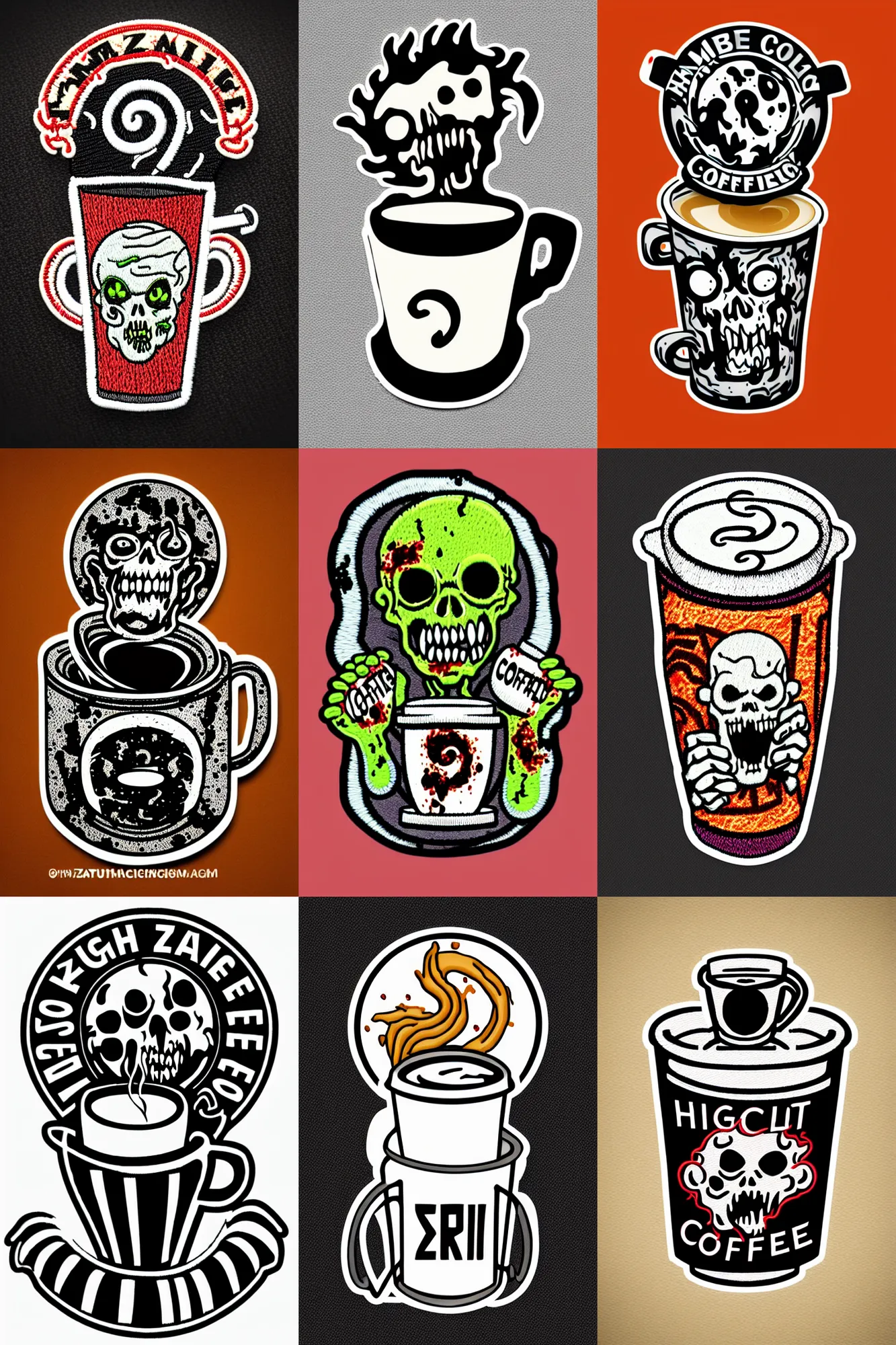 Prompt: patch logo design, zombie holding coffee cup, high detail spiral design