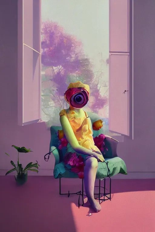 Prompt: closeup, giant flower face, white woman sitting on lounge chair by a modern window, surreal photography, studio light, impressionist painting, digital painting, artstation, simon stalenhag