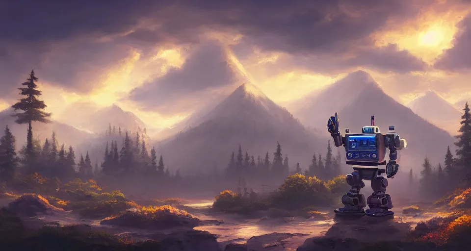 Image similar to a beautiful painting of robot bob ross making art, gigantic, octane render, brilliantly coloured, intricate, ultra wide angle, trending on artstation, dusk, volumetric lighting, polished, micro details, ray tracing, 8k