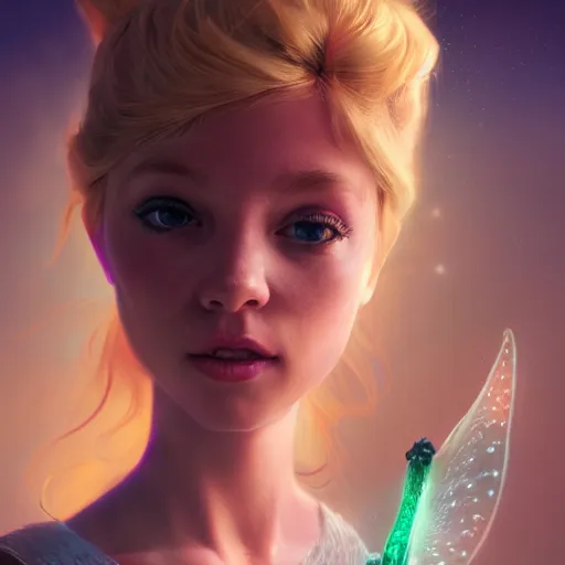 Image similar to a portrait of tinkerbell, huggy wuggy from poppy playtime video game, fullbody, ultra high detailed, glowing lights, oil painting, greg rutkowski, charlie bowater, beeple, unreal 5, daz, hyperrealistic, octane render, rpg portrait, dynamic lighting, fantasy art, beautiful face