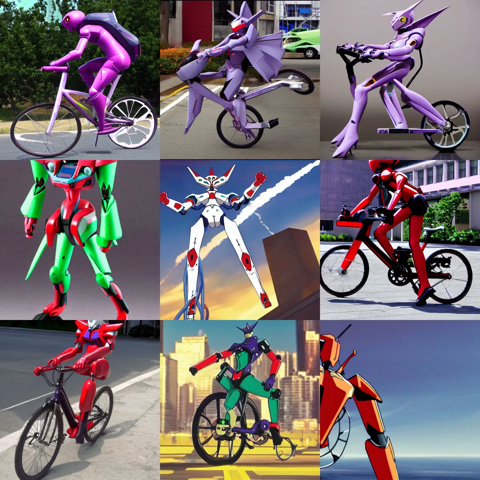 Image similar to eva 0 1 testtype from evangelion riding a bicycle