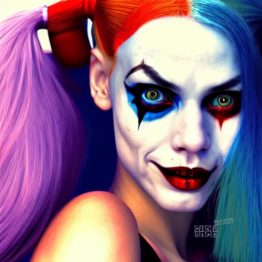 Image similar to Harley Quinn from the suicide squad, portrait, playful, fantasy, medieval, beautiful face, vivid colrs, elegant, concept art, sharp focus, digital art, Hyper-realistic, 4K, Unreal Engine, Highly Detailed, HD, Dramatic Lighting by Brom, trending on Artstation