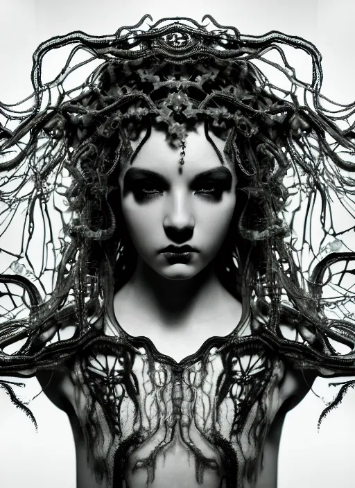 Image similar to surreal mythical dreamy dark artistic black and white fine art photo of a beautiful young female medusa - cyborg covered with translucent algae, highly detailed, intricate crystal ivy jelly fish scales ornate, lace web, poetic, octane render, 8 k, photo - realistic, by man ray