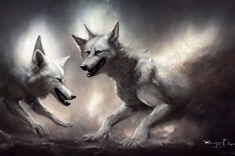 Image similar to white magical wolves made of magical electrical energy, painted by Bastien Lecouffe-Deharme, Frank Frazetta, 4k, 8k, HD