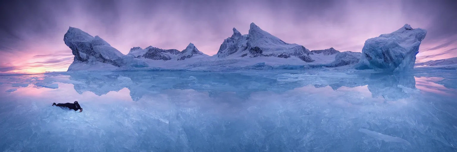 Image similar to photo of a Frozen Human Giant stuck under the ice transparent frozen lake at sunset by marc adamus beautiful dramatic lighting