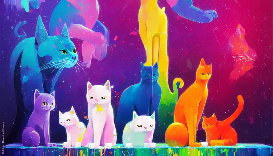 Prompt: contemporary semi abstract acrylic painting of really tall sitting cats by makoto shinkai, by greg rutkowski, by lisa frank, thick brush strokes and visible paint layers, multicolor color scheme