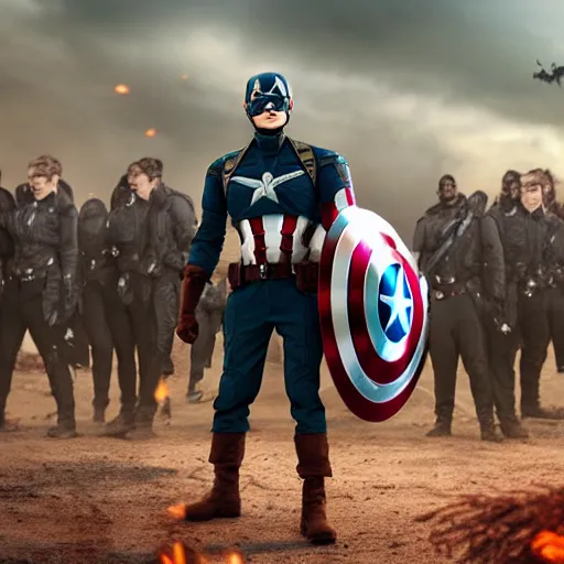 Prompt: captain america, battle scene, war in background, in style of solo leveling, anime, high definition