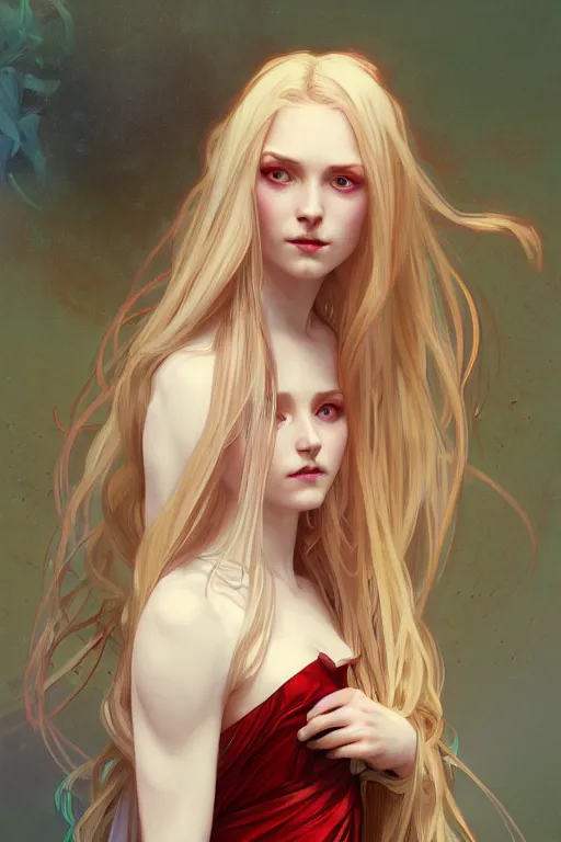 Image similar to portrait of a beautiful young fit girl vampire with long blonde hair and blue eyes, wearing a dress, by greg rutkowski and alphonse mucha, d & d character, gradient white to red, modern nocturnal background, highly detailed portrait, digital painting, artstation, concept art, smooth, sharp focus ilustration, artstation hq